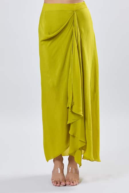 Prisho_Green Chiffon Embroidery Round Neck Cape And Draped Skirt Set _at_Aza_Fashions