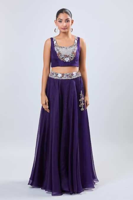 Prisho_Purple Chiffon Embroidery Round Neck Thread Fusion Lehenga Set _Online_at_Aza_Fashions