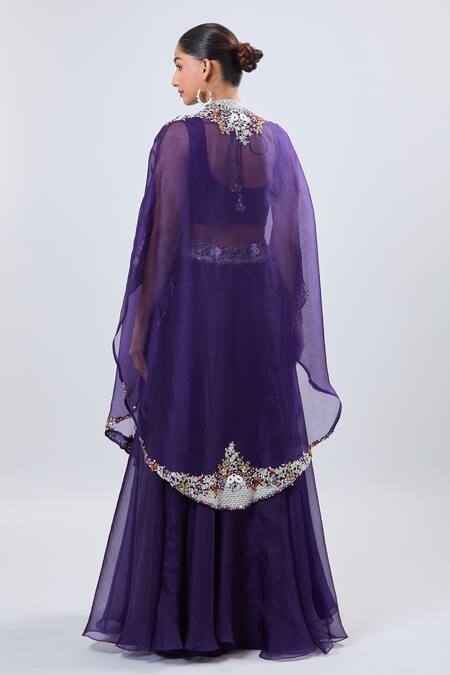 Shop_Prisho_Purple Chiffon Embroidery Round Neck Thread Fusion Lehenga Set _at_Aza_Fashions