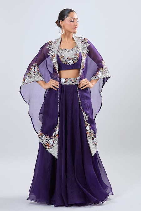 Buy_Prisho_Purple Chiffon Embroidery Round Neck Thread Fusion Lehenga Set _Online_at_Aza_Fashions