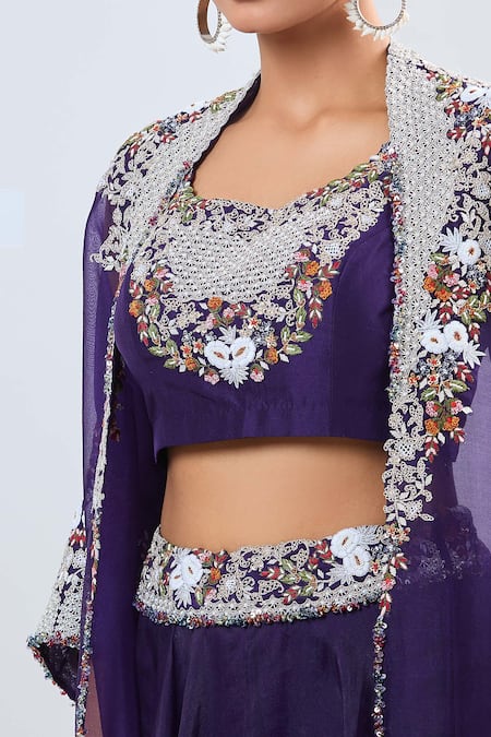 Shop_Prisho_Purple Chiffon Embroidery Round Neck Thread Fusion Lehenga Set _Online_at_Aza_Fashions