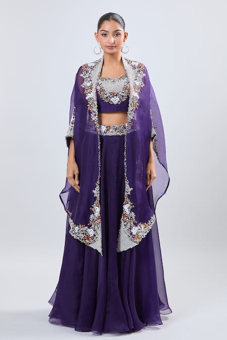 Prisho_Purple Chiffon Embroidery Round Neck Thread Fusion Lehenga Set _at_Aza_Fashions