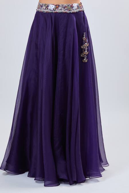 Buy_Prisho_Purple Chiffon Embroidery Round Neck Thread Fusion Lehenga Set 