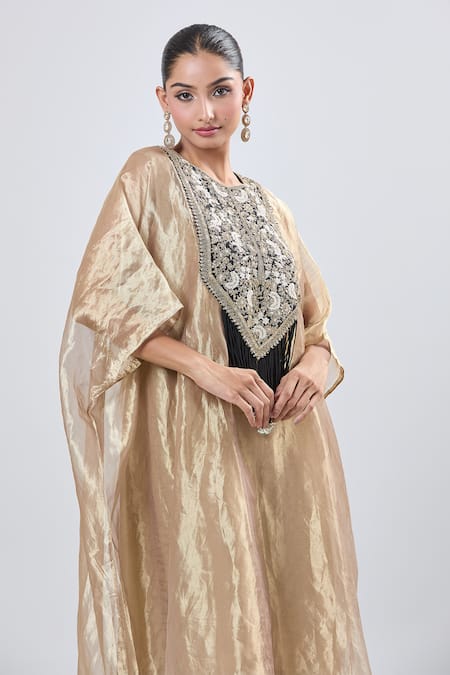 Prisho_Gold Embroidery Round Neck Kaftan Set _Online_at_Aza_Fashions