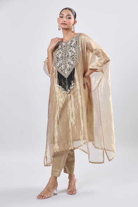 Shop_Prisho_Gold Embroidery Round Neck Kaftan Set _Online_at_Aza_Fashions