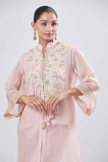 Prisho_Pink Silk, Cotton Tassels Mandarin Collar Embroidered Kurta Set With Jacket _Online_at_Aza_Fashions