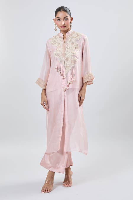 Buy_Prisho_Pink Silk, Cotton Tassels Mandarin Collar Embroidered Kurta Set With Jacket _Online_at_Aza_Fashions