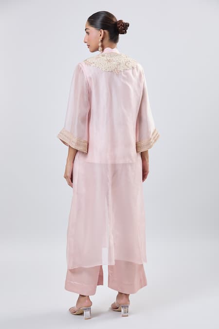 Shop_Prisho_Pink Silk, Cotton Tassels Mandarin Collar Embroidered Kurta Set With Jacket _at_Aza_Fashions