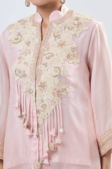 Buy_Prisho_Pink Silk, Cotton Tassels Mandarin Collar Embroidered Kurta Set With Jacket 