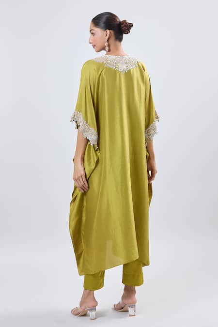 Shop_Prisho_Green Silk Embroidery Round Neck Kaftan And Pant Set _at_Aza_Fashions