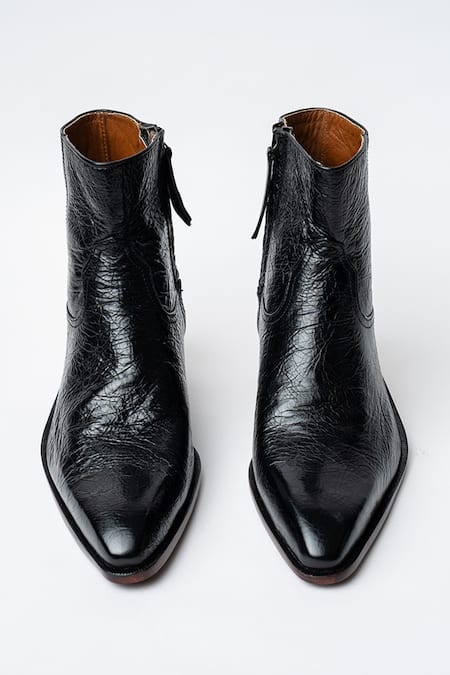 Shop Kavith Black Square Toe Trapezoid Heel Ankle Boots at Aza Fashions Shop_Kavith_Black Square Toe Trapezoid Heel Ankle Boots _at_Aza_Fashions