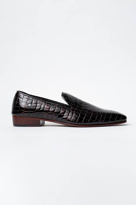 Kavith_Maroon Almond Toe Croco Patent Evening Slip-ons _Online_at_Aza_Fashions