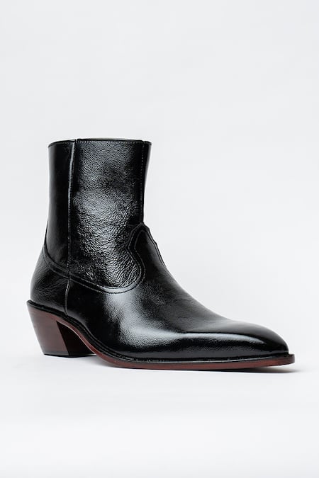 Kavith Black Square Toe Trapezoid Heel Ankle Boots 