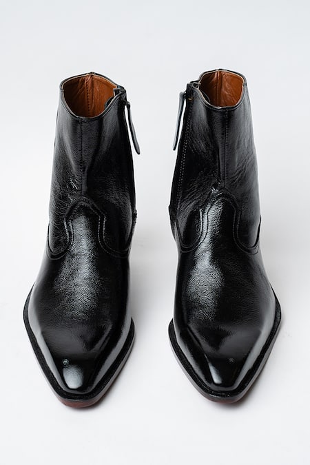 Shop Kavith Black Square Toe Trapezoid Heel Ankle Boots at Aza Fashions Shop_Kavith_Black Square Toe Trapezoid Heel Ankle Boots _at_Aza_Fashions