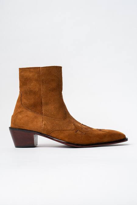 Kavith_Tan Suede Cowboy Ankle Boots _Online_at_Aza_Fashions