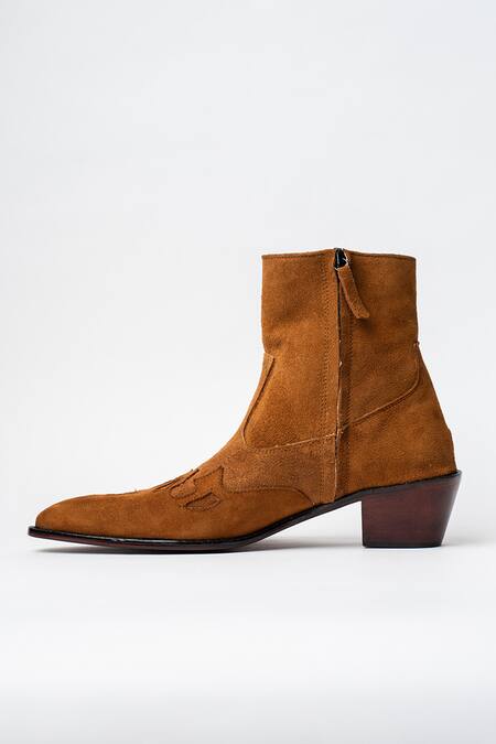 Buy_Kavith_Tan Suede Cowboy Ankle Boots _Online_at_Aza_Fashions