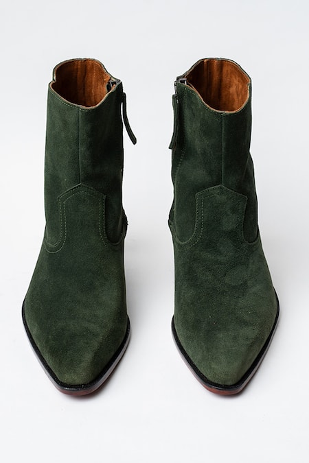 Kavith Dark Green Suede Cowboy Ankle Boots 