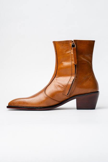 Kavith_Tan Cowboy Square Toe Ankle Boots _Online_at_Aza_Fashions
