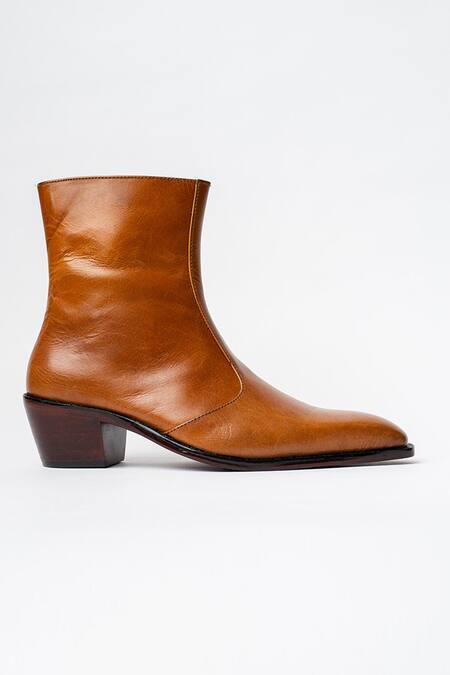 Buy_Kavith_Tan Cowboy Square Toe Ankle Boots _Online_at_Aza_Fashions