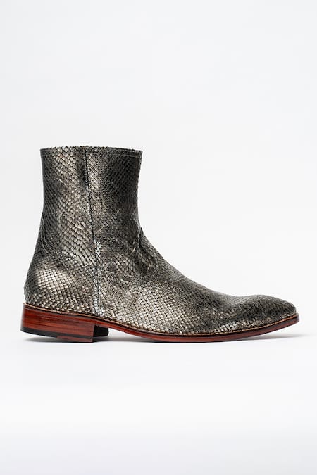 Kavith_Gray Square Toe Python Print Ankle Boots _Online_at_Aza_Fashions