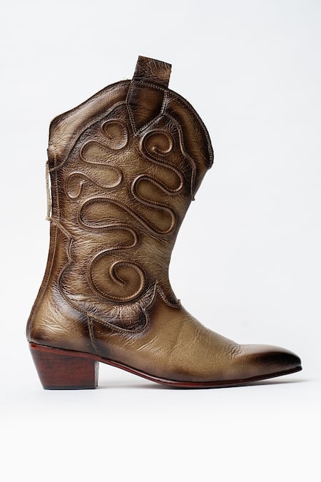 Kavith_Gray Embroidery Light Grey Calfskin Cowboy Boots _Online_at_Aza_Fashions