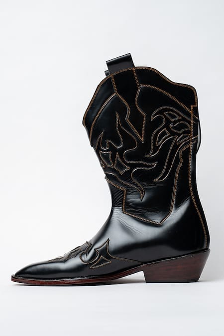 Kavith_Black Embroidery Square Toe Trapezoid Heel Cowboy Boots _Online_at_Aza_Fashions