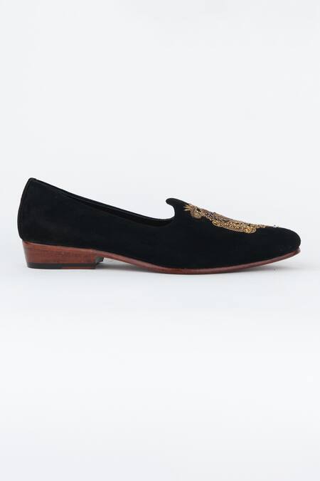 Kavith_Black Embroidered Suede Tuxedo Juttis _Online_at_Aza_Fashions