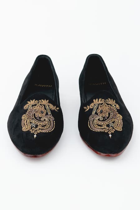 Kavith Embroidered Black Suede Tuxedo Juttis 