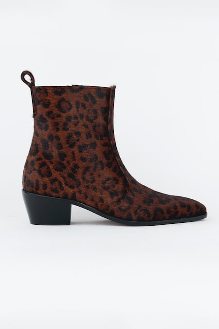 Kavith_Brown Cheetah Hair On Square Toe Boots _Online_at_Aza_Fashions