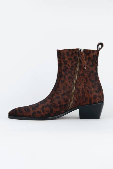 Buy_Kavith_Brown Cheetah Hair On Square Toe Boots _Online_at_Aza_Fashions