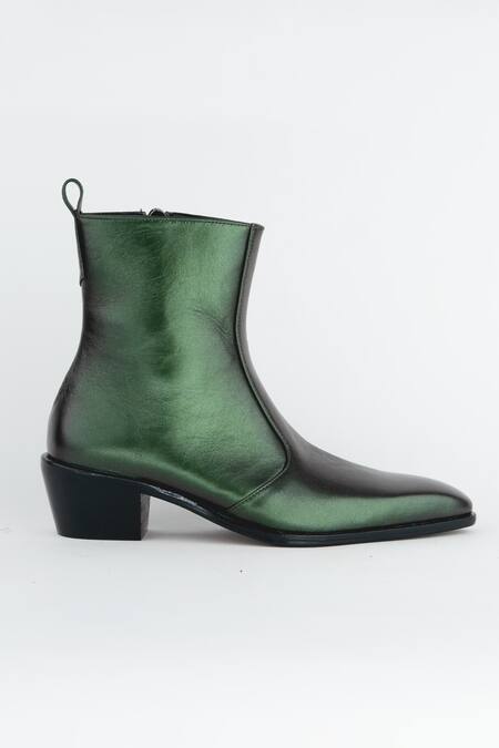 Kavith_Green Metallic Square Toe Boots _Online_at_Aza_Fashions