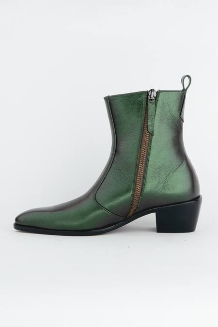 Buy_Kavith_Green Metallic Square Toe Boots _Online_at_Aza_Fashions