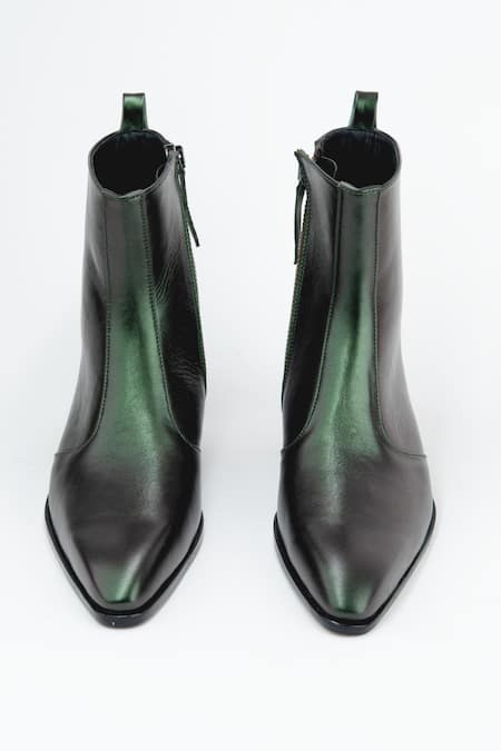 Shop_Kavith_Green Metallic Square Toe Boots _at_Aza_Fashions