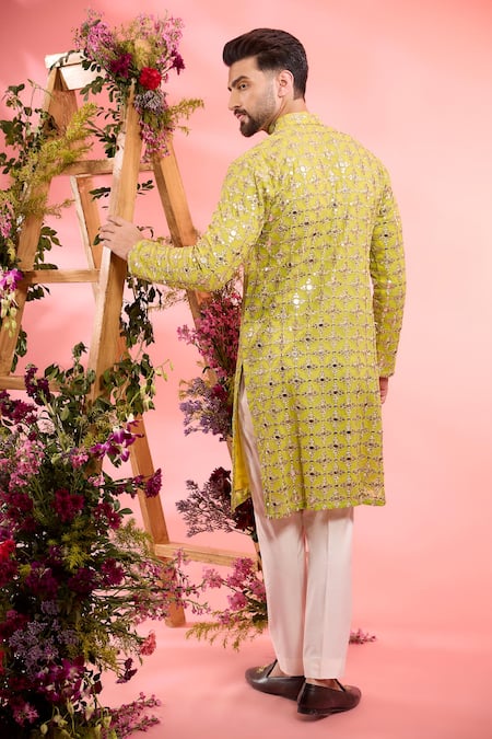 Shop_Kasbah_Yellow Georgette Sequins Embroidered Kurta _at_Aza_Fashions