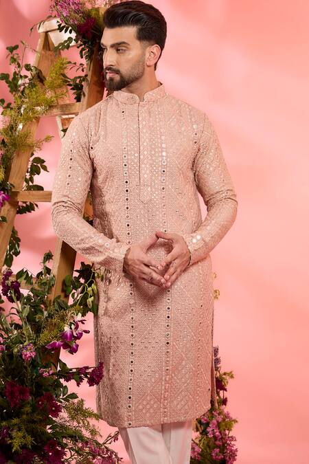 Kasbah_Peach Silk Sequins Embroidered Kurta _Online_at_Aza_Fashions