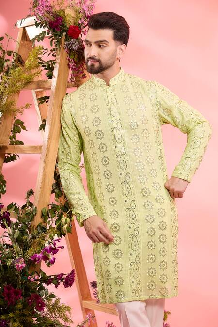 Buy_Kasbah_Yellow Georgette Embroidery Kurta _Online_at_Aza_Fashions