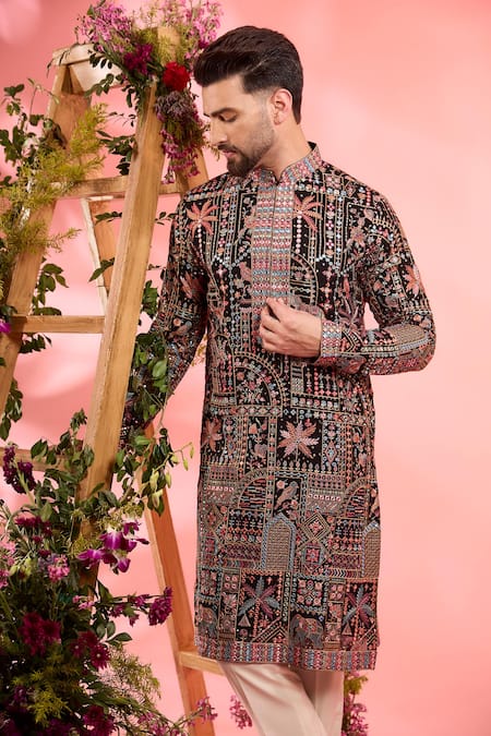 Kasbah_Black Georgette Embroidery Designer Classic Kurta _Online_at_Aza_Fashions