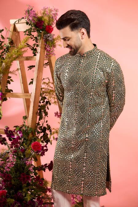 Kasbah_Green Georgette Sequins Mirror Embroidered Kurta _Online_at_Aza_Fashions