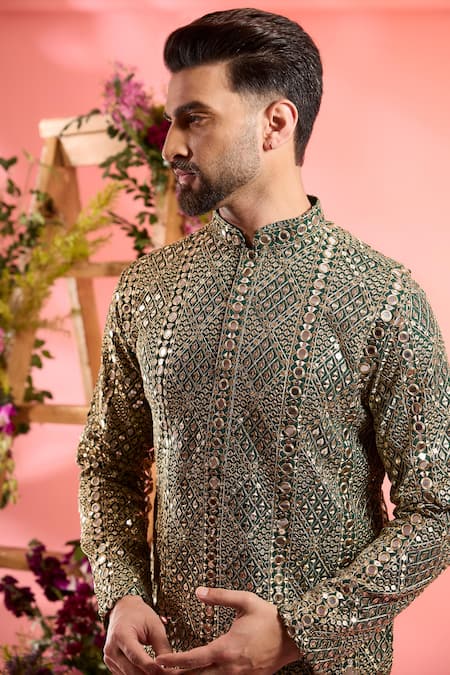 Buy_Kasbah_Green Georgette Sequins Mirror Embroidered Kurta _Online_at_Aza_Fashions