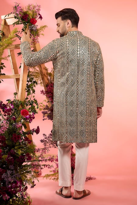 Shop_Kasbah_Green Georgette Sequins Mirror Embroidered Kurta _at_Aza_Fashions