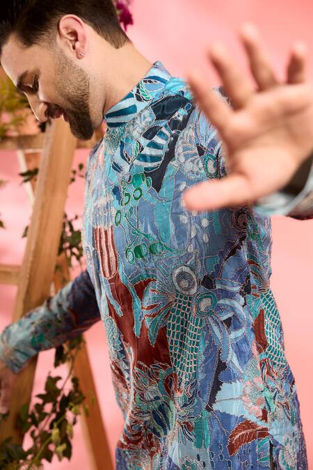 Kasbah_Blue Silk Embroidery Printed Kurta _Online_at_Aza_Fashions