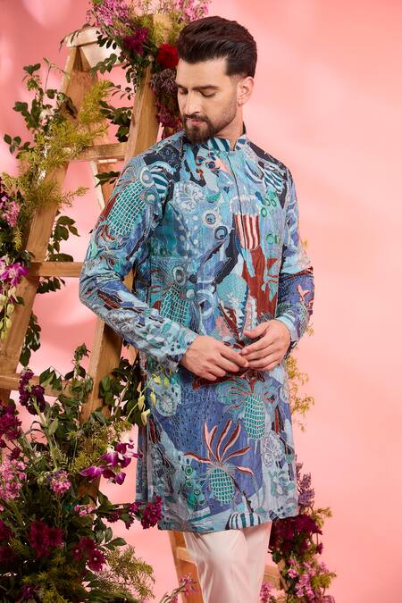 Buy_Kasbah_Blue Silk Embroidery Printed Kurta _Online_at_Aza_Fashions