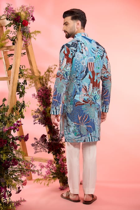 Shop_Kasbah_Blue Silk Embroidery Printed Kurta _at_Aza_Fashions