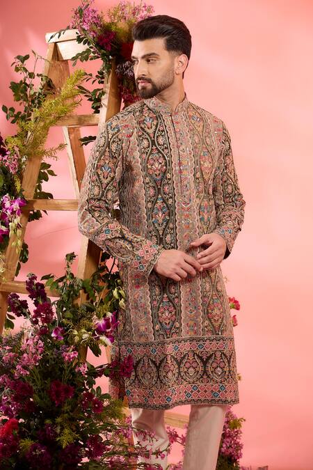 Kasbah_Green Crepe Embroidery Floral Kurta _Online_at_Aza_Fashions