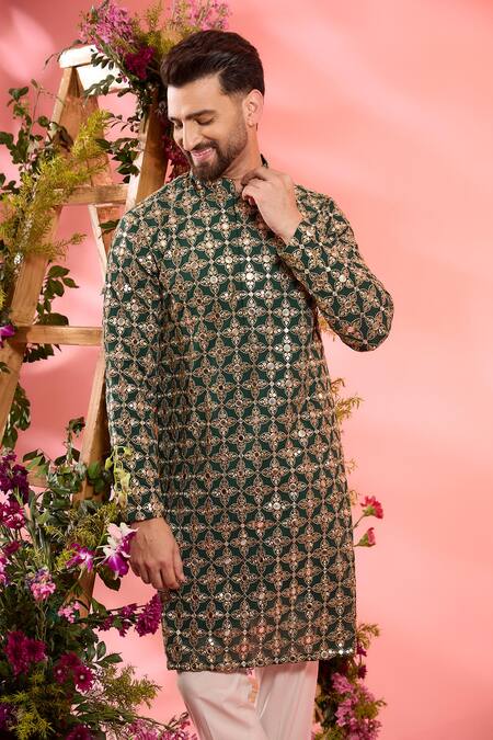 Buy_Kasbah_Green Georgette Embroidery Geometric Kurta _Online_at_Aza_Fashions
