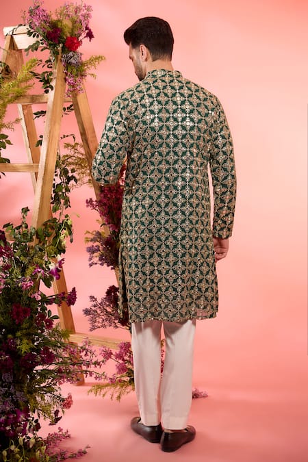 Shop_Kasbah_Green Georgette Embroidery Geometric Kurta _at_Aza_Fashions