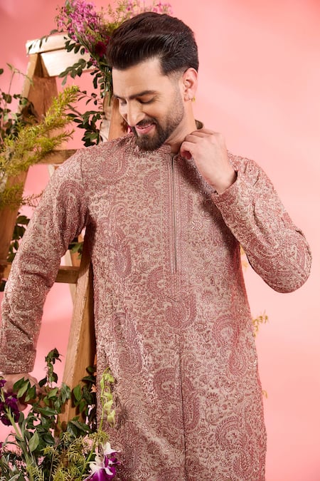 Buy_Kasbah_Gray Silk Embroidery Kurta _Online_at_Aza_Fashions
