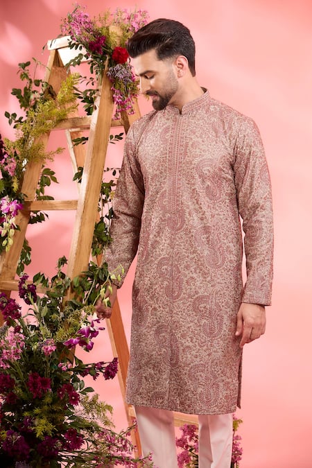 Shop_Kasbah_Gray Silk Embroidery Kurta _Online_at_Aza_Fashions