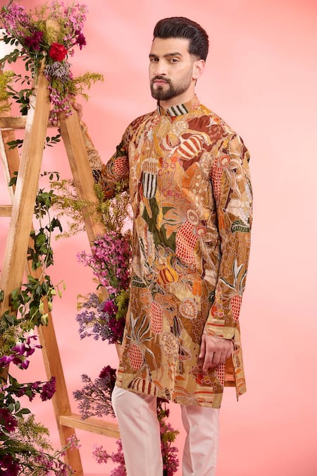Kasbah_Peach Silk Embroidery Designer Printed Kurta _Online_at_Aza_Fashions