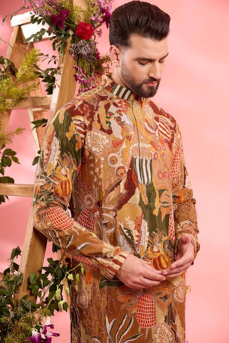 Buy_Kasbah_Peach Silk Embroidery Designer Printed Kurta _Online_at_Aza_Fashions